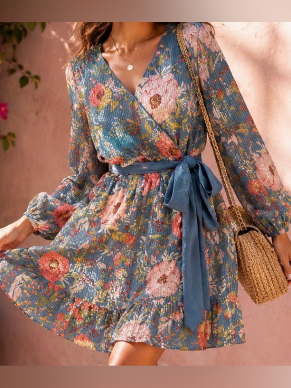 NWT Lauren Conrad Floral Faux Wrap Dress V-Neck & Tie Waist - Overall Sequins L